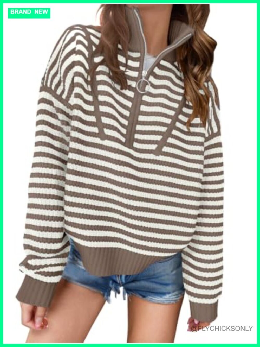 Womens Striped Quarter Zip Sweater Pullover Loose Knit Fall Top